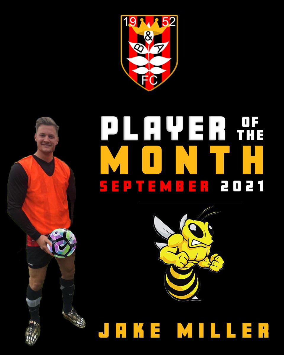 ⚽️ PLAYER OF THE MONTH - SEPTEMBER 2021.
🔥JAKE MILLER🔥
As voted for by his team mates Jake is the bees player of the month for September. Jake notched one goal and has played an integral role in the 5 points B&amp;A have secured so far.