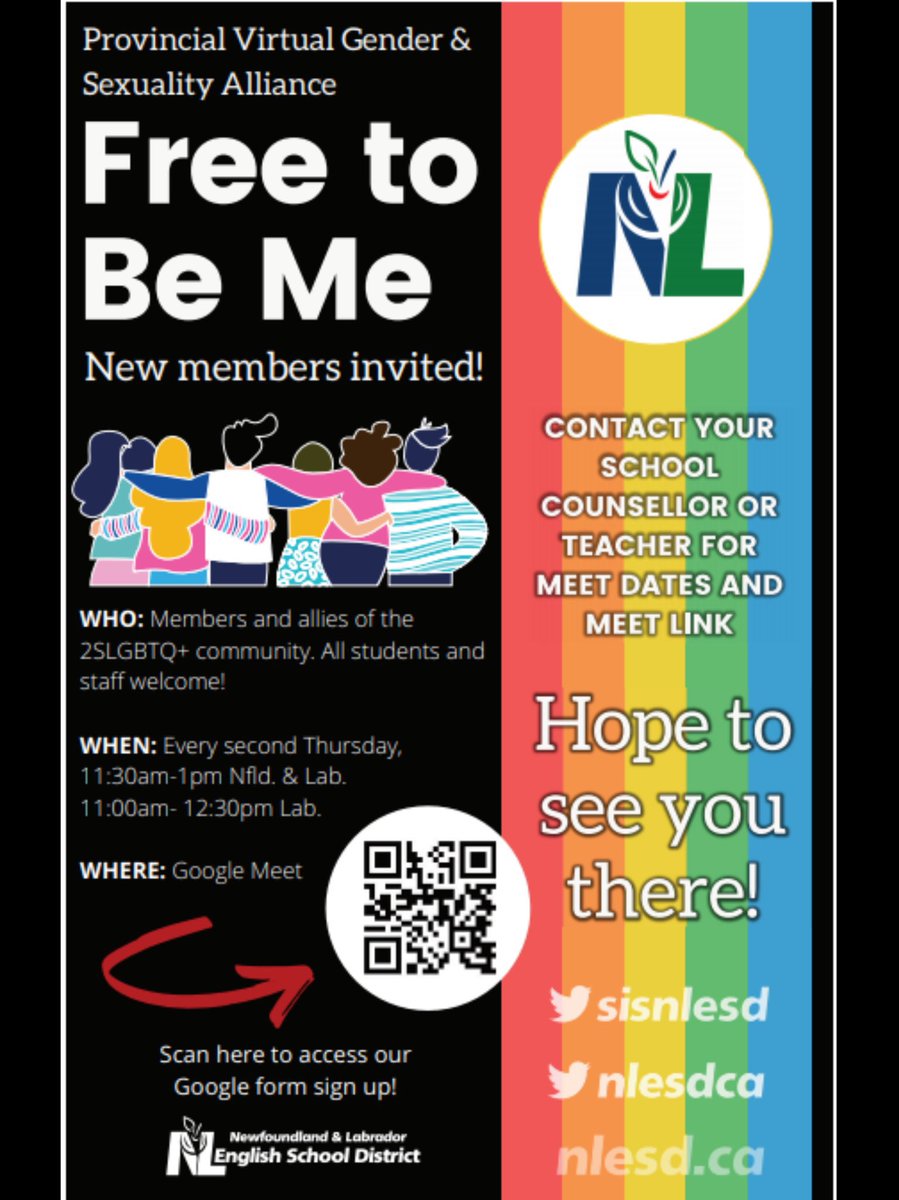 therobinsonread's tweet photo. Reminder: Next Provincial #VirtualGSA Meet for the year this Thursday from 11:30 a.m. to 1 p.m. (Island Time). New members always welcome❤️🏳️🌈🏳️⚧️ #Pride365NL #FreeToBeMe @NLESDCA @SISNLESD #SISNL https://t.co/QlaQPANyBT