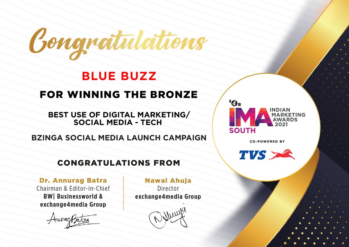 e4mevents's tweet photo. Kudos to Blue Buzz &amp; Bzinga for winning BRONZE for Bzinga Social Media Launch Campaign in the Best use of Digital Marketing/ Social Media- Tech @BlueBuzz6 @nehabist #Bzinga #e4mIMAS https://t.co/2bWG7o1PDT