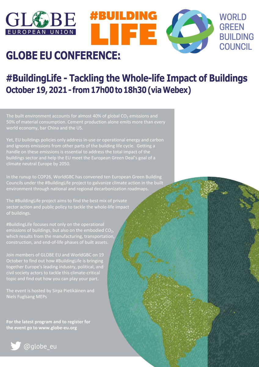 Join <a href="/spietikainen/">Sirpa Pietikäinen🇫🇮🇪🇺</a> and <a href="/NielsFuglsang/">Niels Fuglsang</a> on October 19 for a joint <a href="/GLOBE_EU/">GLOBE European Union</a> <a href="/WorldGBC_Europe/">WorldGBC Europe</a> meeting on a Whole Life Carbon approach for the buildings sector. 
To register, and for the latest program, go to globe-eu.org