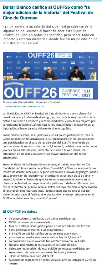 DeputacionOU's tweet photo. OURENSE DIXITAL
@ManuelBaltar califica al #26OUFF como "la mejor edición de la historia" del Festival de @OurenseFilmFest https://t.co/OtwLHgjBqv https://t.co/HhGPuqIeF1