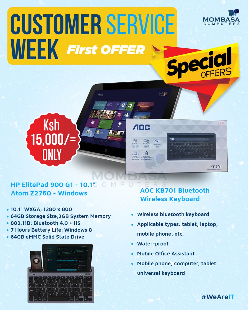 Where would we be without our amazing customers? Its #CustomerServiceWeek and we have amazing discounts on hundreds of items, get this Tablet and Wireless Bluetooth Keyboard combo at only 15k down from 18k.
Get in touch to know more of what's on offer, Hatuwezi kosana, KARIBUNI