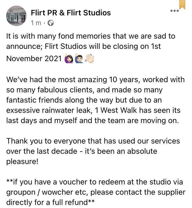 It is with many fond memories that we are sad to announce; <a href="/FlirtStudios/">Flirt Studios Essex</a> will be closing on 1st November 2021. Agency services shall resume as normal but due to an excessive rainwater leak, the studio has seen its last days. All enquiries email only for now: bookings@flirt-pr.com