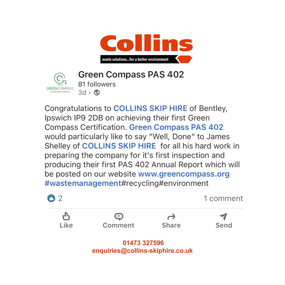 🟢Great to receive our Green Compass PAS 402 Certification🟢 Mentioned on their Linked In and their website. Green Compass members are the elite of the waste management industry. #✅ 
greencompass.org #collinsskiphire #ipswich #suffolk #eastanglia #greencompass #waste