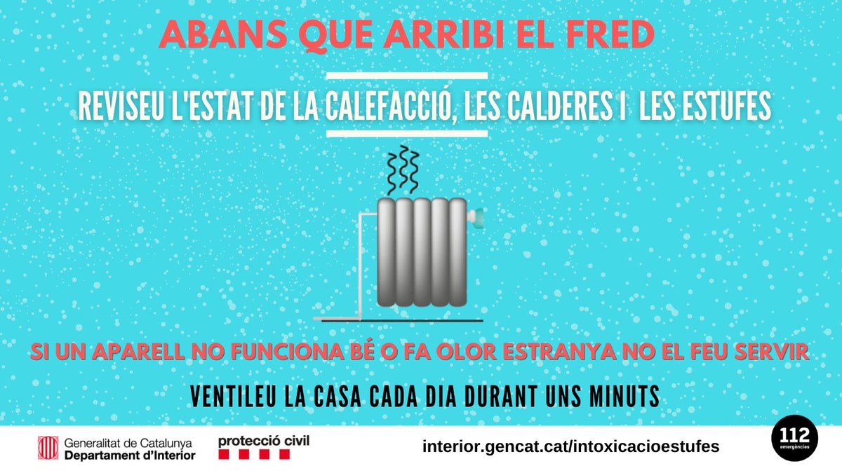 emergenciescat's tweet photo. ➡ Abans que comenci el fred, reviseu l'estat de la calefacció, les calderes i les estufes

Si un aparell no funciona bé o fa alguna olor estranya no el feu servir

Ventileu 💨 la casa 🏡 cada dia durant uns minuts

#protecciocivil #llarsegura https://t.co/z0LA34sjVB