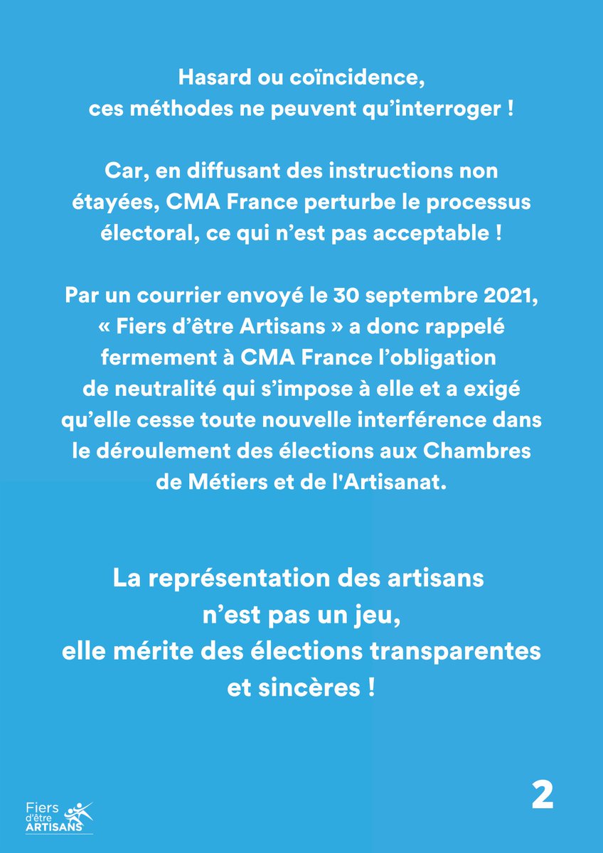 Le comportement de <a href="/CMAFrance_/">CMA France</a>, établissement public censé être politiquement neutre, interroge en cette période #ÉlectionsCMA. Nous leur avons donc rappelé leurs obligations de neutralité. La représentation des #artisans n’est pas un jeu, elle mérite des élections transparentes!