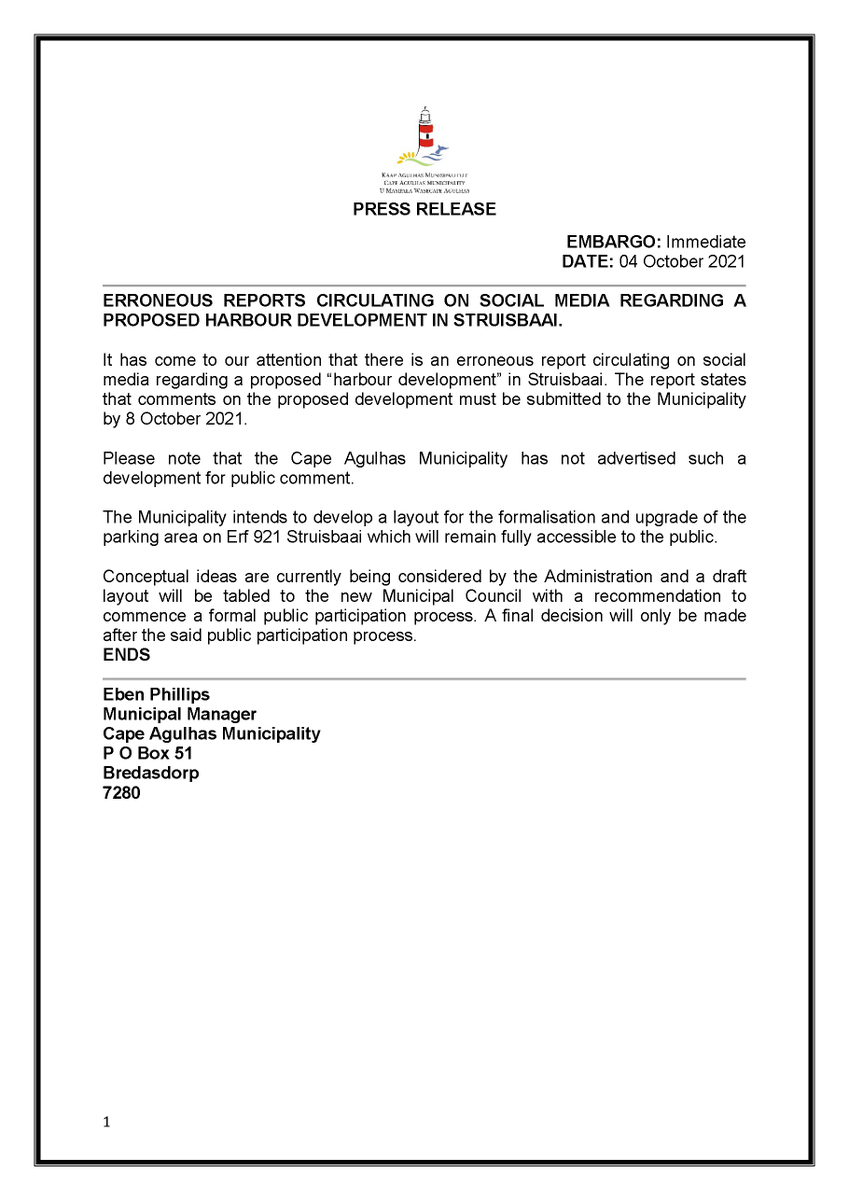 Press Release about an erroneous report that is circulating on social media about the Struisbaai Harbour Development. capeagulhas.gov.za/press-release-…