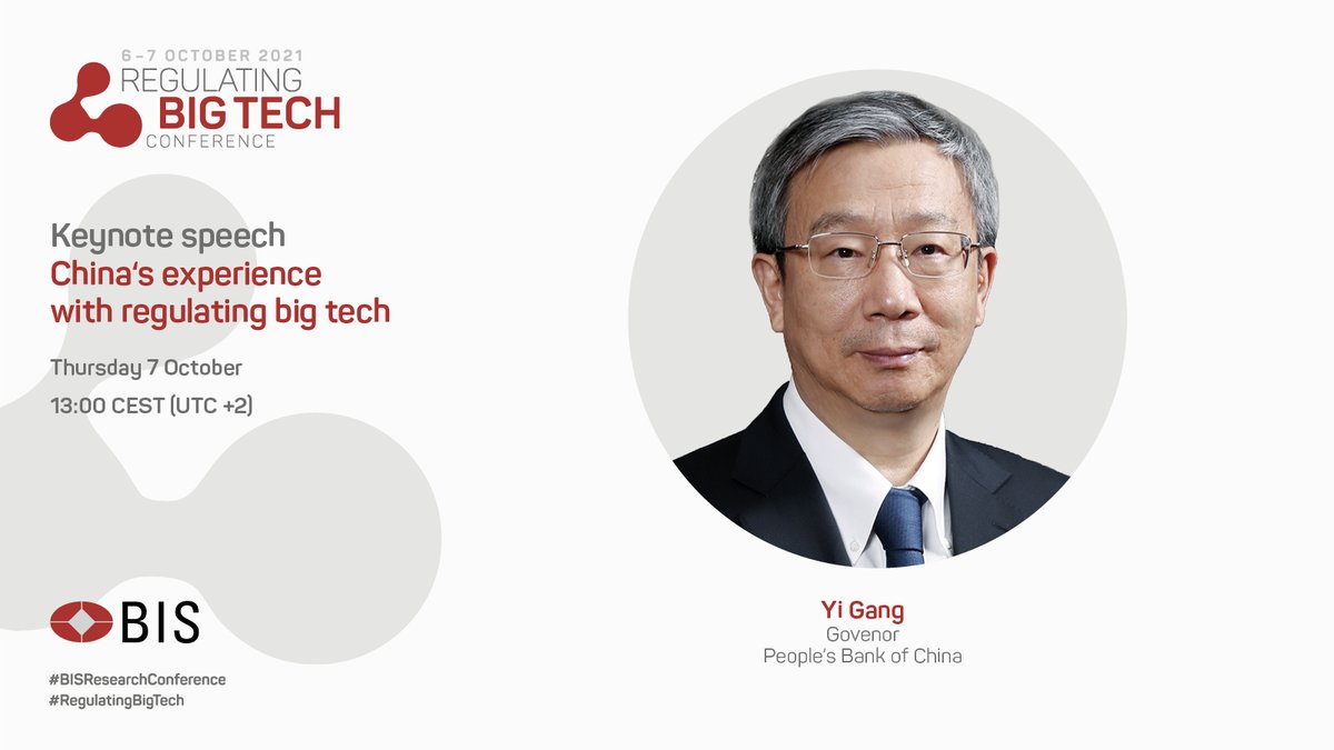 China’s big tech regulation has been making the headlines. Tune in to the #BISResearchConference and listen to Governor Yi Gang’s first-hand account of #RegulatingBigTech bis.org/events/confres…