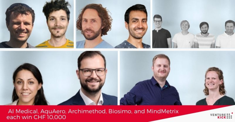 venturekick's tweet photo. Swiss university spin-offs innovating medtech, industry tech, construction, and chemicals get a boost: AI Medical AG, AquAero, Archimethod, Biosimo Chemicals, and MindMetrix win CHF 10,000, entering Venture Kick.
Congratulations to the teams!
https://t.co/VRWRJ4KWOo 
#VentureKick https://t.co/WRTnza3PcE