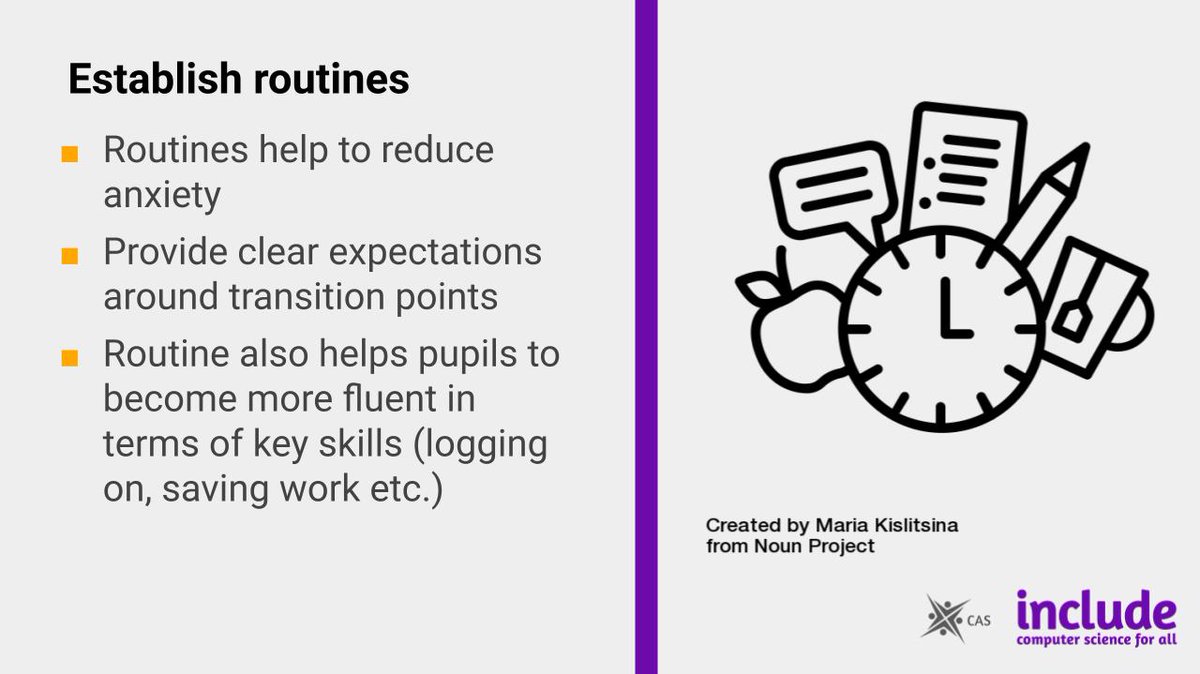 CASinclude's tweet photo. This is the third of our 10 things to support Inclusion in the Computing classroom: #3 Establish Routines
How do you build routine and structure in your computing lessons?
#10ThingsInclusion #CS4All #HackTheCurric @compatsch https://t.co/tTFIYR3iTF