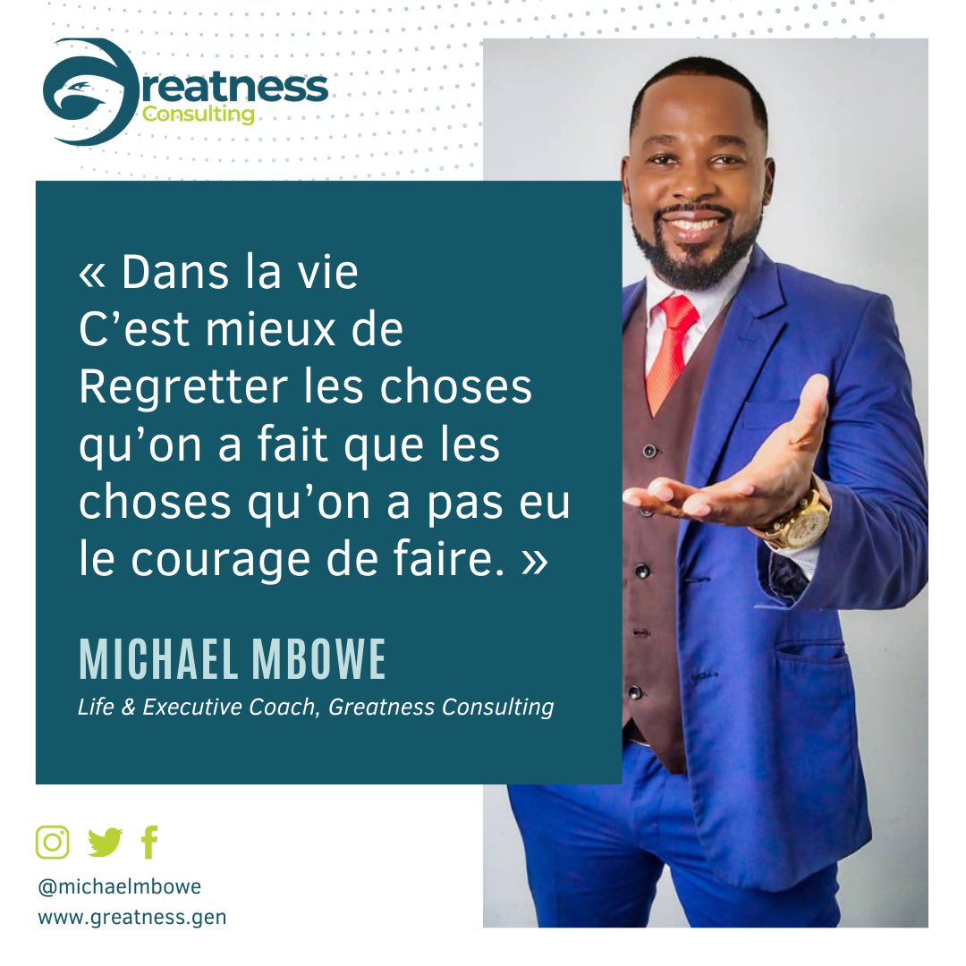 « Dans la vie 
C’est mieux de Regretter les choses qu’on a fait que les choses qu’on a pas eu le courage de faire. »

Quelle est l’action que vous pourriez regretter si vous ne l’accomplissez pas cette semaine ?

#greatness #michaelmbowe #aucunregret #action #coaching4greatness