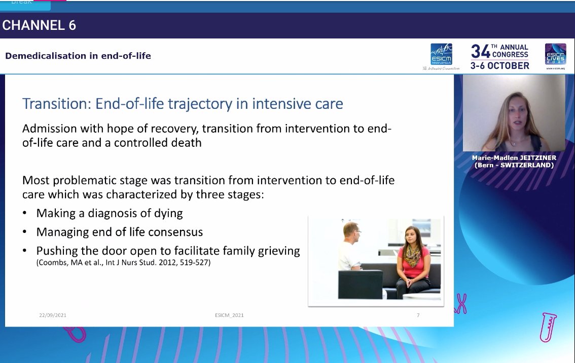 StijnBLOT's tweet photo. Demedicalisation in End-of-life decisions by Marie-Madlen Jeitziner at #LIVES2021 What a discovery she is! Great talk. Hope to see her back in future congresses!! @ESICM @katerinailiopou @JMellinghoff @mvanmol2704 @NikolaosEfstat2 @marta_bork https://t.co/eYOqAQqbnR