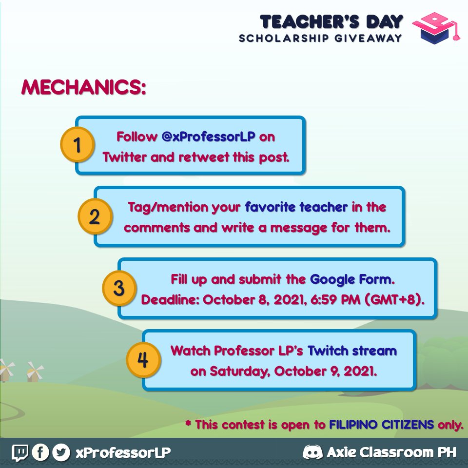 TheR4inMan's tweet photo. Here's how to join our Teachers' Day Scholarship Giveaway:

1. Follow @xProfessorLP on Twitter and RT.
2. Comment a message to your favorite teacher (say their name!).
3. Submit the Google Form.
4. Winners will be announced on Saturday (Twitch). You have to be present!

1/2 https://t.co/gignUCHxXf