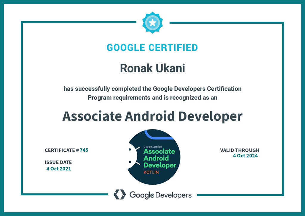 Ronak_ukani's tweet photo. Finally 🤟 @Google certified Associate @AndroidDev 
https://t.co/CCUS7XWux0
#AssociateAndroidDeveloper #Kotlin https://t.co/38gz04UF4N