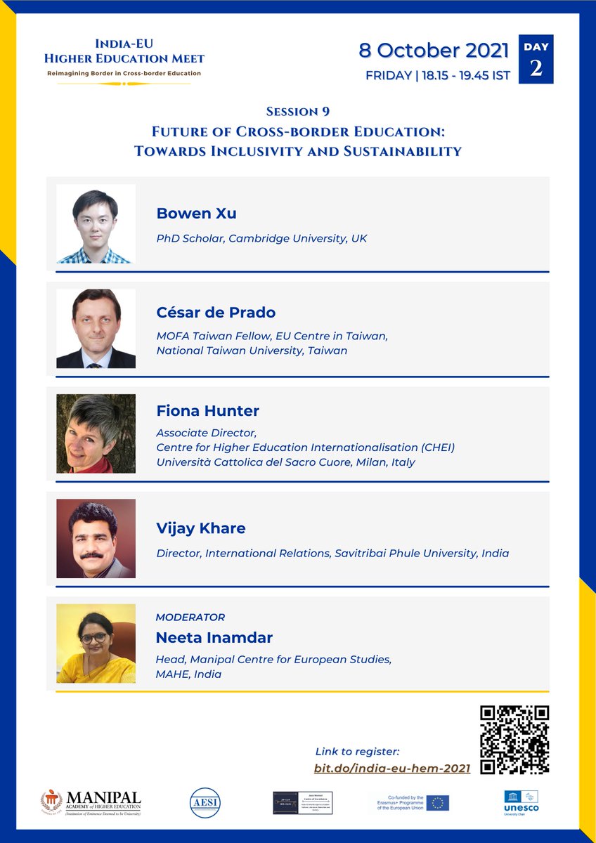 mces_mahe's tweet photo. Concluding the #IndiaEU #highereducation Meet the future of #crossbordereducation #inclusivity and #sustainability , #virtual mobilities, and the dynamics of diversities in #transnational #education will be discussed
Join us on 7-8 Oct
To know more visit https://t.co/wdeEkUp7md https://t.co/jBMlWrrJAI