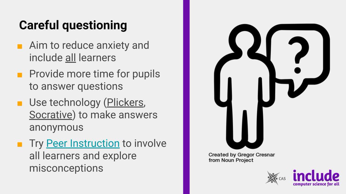 CASinclude's tweet photo. Here's the 4th of our 10 Things to support Inclusion in the Computing Classroom: #4 Careful Questioning
How do you support all learners to answer questions?
Find out more about Peer Instruction: https://t.co/2oHkUKtwxv
#10ThingsInclusion #CS4All #HackTheCurric @CompAtSch https://t.co/fwc0dxZYky