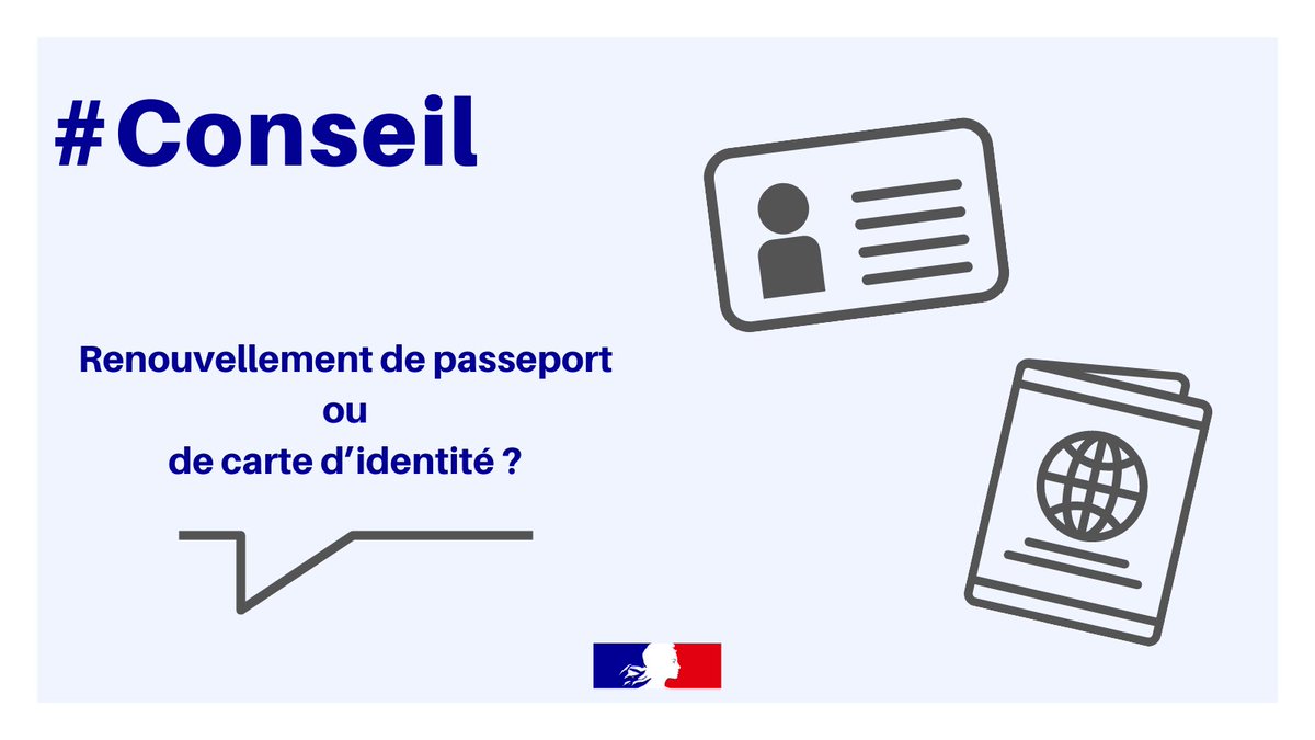 FranceTitres's tweet photo. #MardiConseil 
Vous envisagez de renouveler votre passeport ou votre carte d'identité ? 
⏳ Anticipez au maximum votre demande 
👩‍💻 Réalisez votre pré-demande en ligne sur https://t.co/7Z3xzF60GM https://t.co/f8hxs12o4Y