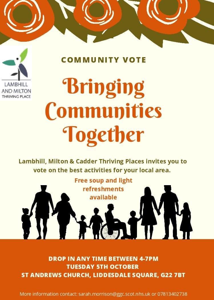 Pop along to St Andrews Church in Milton today between 4pm and 7pm to learn more about the local projects looking for support 🥰 <a href="/CadderMilton/">Thriving Places Lambhill, Milton & Cadder</a> <a href="/OurCanalWard/">Our Thriving Canal Ward</a> <a href="/LoveMiltonGLA/">LoveMilton</a> <a href="/NUC_Glasgow/">NUC</a> @Rmooney11mooney <a href="/GoforGow/">Allan Gow</a> <a href="/jakimclaren/">Cllr Dr Jacqueline McLaren 🏴󠁧󠁢󠁳󠁣󠁴󠁿</a> <a href="/BobDorisSNP/">Bob Doris MSP</a>