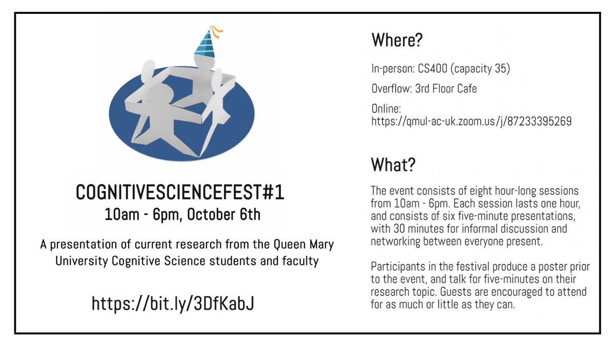 Don't miss the Cognitive Science Festival, taking place tomorrow 10am - 6pm.

Join us in CS400 in the Peter Landin Building on our Mile End Campus, or online. Drop in and out throughout the day as much as you want!

See the full programme for the day here: bit.ly/3DfKabJ