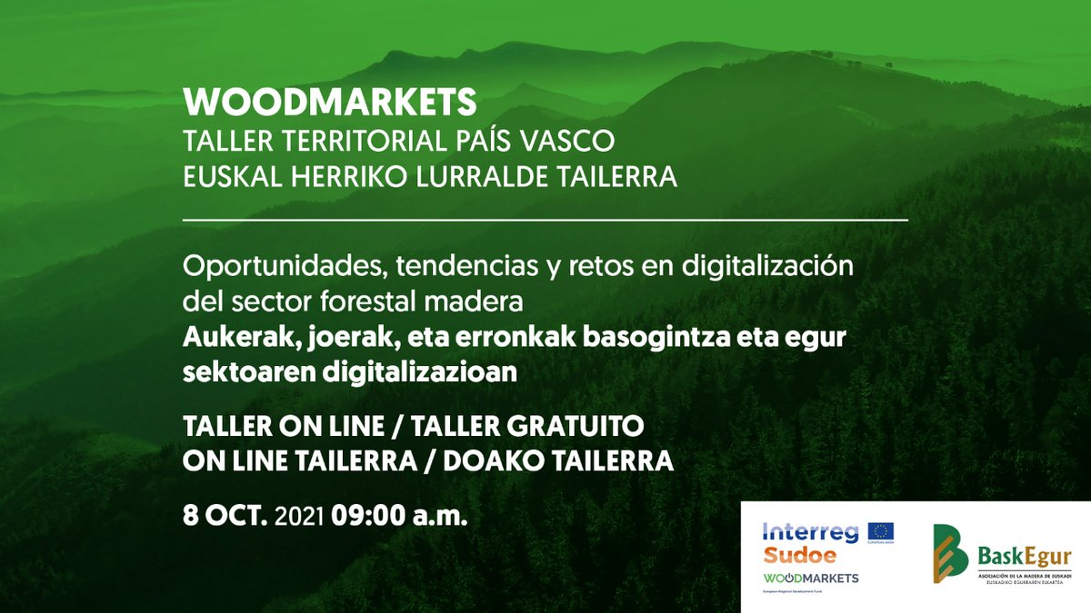 Merkatu's tweet photo. 📅8 de octubre 📍Taller de retos en digitalización
del sector forestal @Woodmarkets_EU  @Baskegur

☑️Nuestra compañera María Saez de Ibarra nos hablará sobre el manejo de la herramienta de gestión forestal GISFOR.

¡Acompáñanos! La inscripción es gratuita: info@baskegur.org https://t.co/bQTNFztdcg