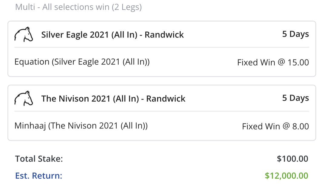 M_Gannon_'s tweet photo. 💥Saturday All-In Market Bets💥

🏇Caulfield &amp; Randwick🏇

📺Watch it ALL👉https://t.co/VoK22zt55j

🔁Retweet 🔁for the chance to earn 
1 of 4 - 10% shares in our all in bet..

$15’s > $9’s Equation
$8’s > $7’a Minhaaj

4 people get the chance to win $1,200ea simply RT to enter! https://t.co/CxcNHjhR2E