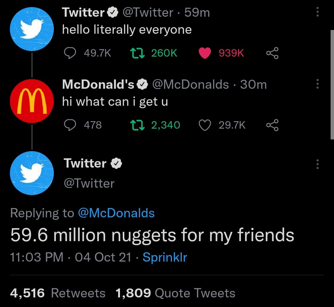 foqaan's tweet photo. This banter amongst brands on #Twitter during the chaotic outage was very heartwarming. :)
#WhatsApp #facebookdown #serverdown #MarkZuckerberg #meanwhiletwitter https://t.co/zaFnk6BHxE