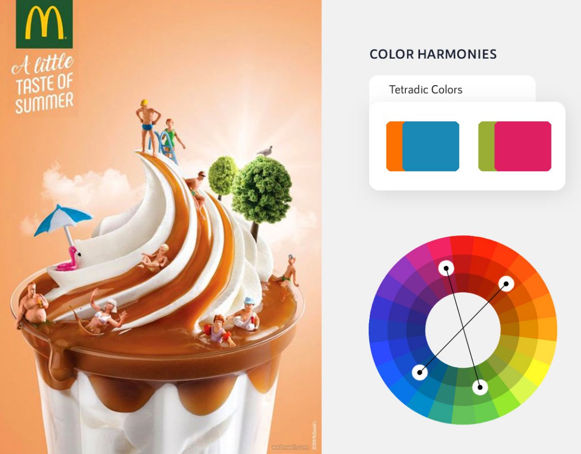 Colors in advertisement. Tetradic color. Креативная реклама краски. Ногти для девушек. Цветовая гармония в рекламных материалах».