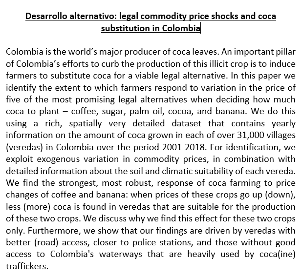 TiUEconomics's tweet photo. Today we welcome Maarten Bosker from @erasmusuni to our #Tuesdayseminar on Zoom! He will present his paper "Desarrollo alternativo: legal commodity price shocks and coca substitution in Colombia" https://t.co/pPO3n2p93X #legalcommodity #priceshocks #coca #substitution #Colombia https://t.co/nOqaAnaAMW