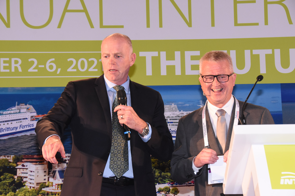 InterferryOrg's tweet photo. Håkan Enlund (r) of Rauma Marine Constructions https://t.co/ys44mqj5TV – with Interferry CEO Mike Corrigan – answers questions after his “#Sustainable Ferries” talk on Day 1 of the 45th Annual Interferry Conference.
#shipping #interferry45 #ferries #shipbuilding #Sustainability https://t.co/p1NsBS7g87