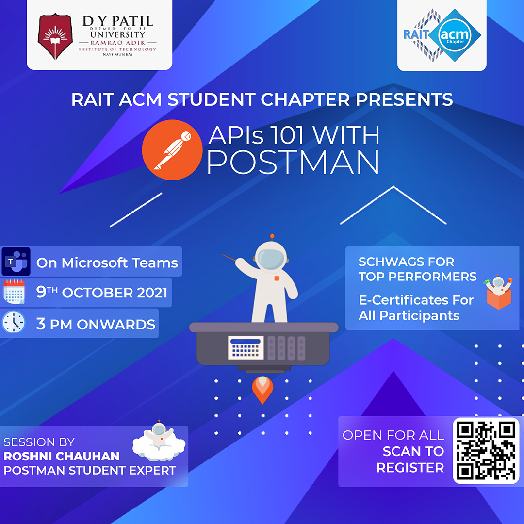 RaitACM's tweet photo. Hello Everyone!!✨
Ever wondered about how Google, Facebook, Github sign-in works? 
Its the API -Application programming interfaces

✨RAIT-ACM in collaboration with Postman🔥 brings to you a session -  ✨ APIs 101 with Postman ✨
@getpostman @TheOfficialACM @RaitACM https://t.co/zKXZyg7VlD