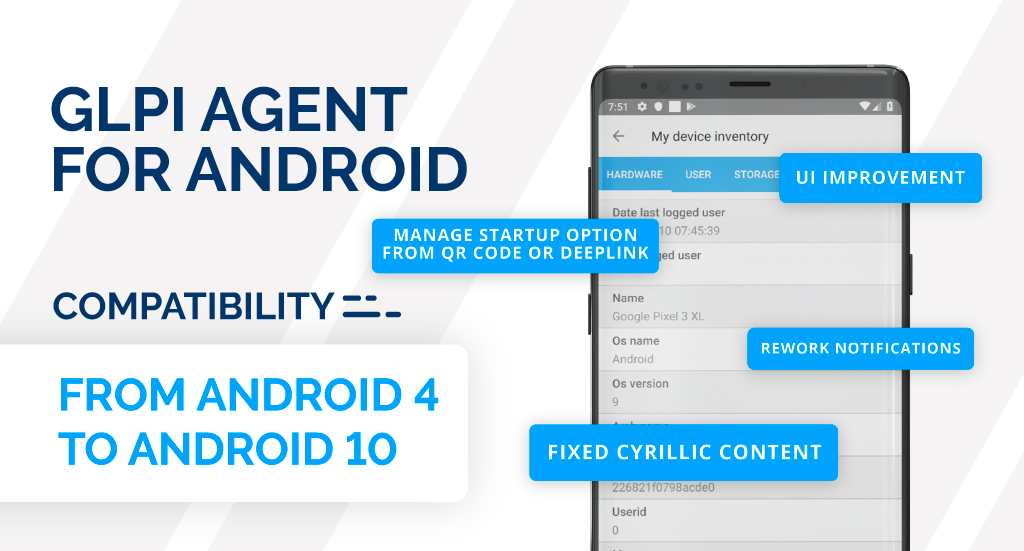 ℹNew release alert: GLPI Agent for #Android! 
Please, read whats new and download the update: bit.ly/3FkUz7C 
Exclusively for GLPI Network Cloud and GLPI Network Subscriptions customers we offer GLPI Agent Config Plugin bit.ly/2YsDEzx.