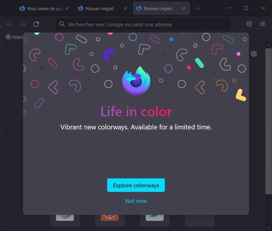 MozillaZineFr's tweet photo. Firefox Nightly 95 est disponible avec des thèmes colorés Colorway configurables à la 1ʳᵉ ouverture. #JourDeSorties https://t.co/e4Cw94ZNx6