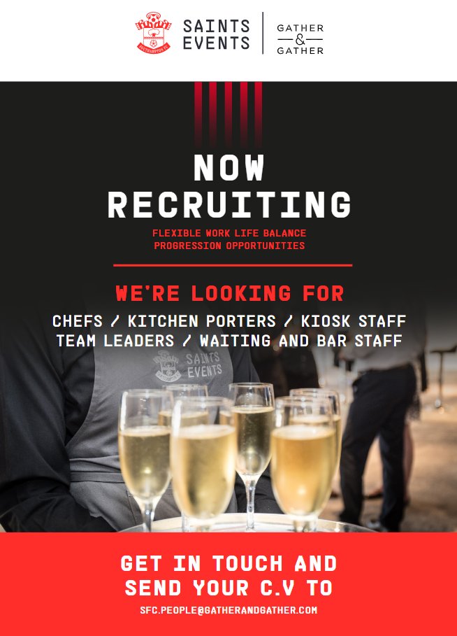 stadiumexp's tweet photo. JOB VACANCIES - Catering Roles: Front of House, Back of House, Bar, Wait &amp; Food Servers @SouthamptonFC @chandco https://t.co/3b02dHYmFt #southamptonjobs #jobvacancies #jobsearch #cateringindustry #hospitality #jobs #jobseeking #southampton https://t.co/Gw6qJbjOjH