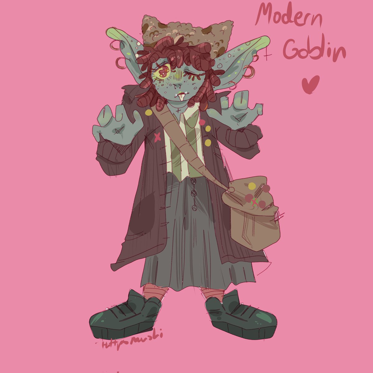 Day 5 of #gobtober2021 #inktober2021 
The prompt was a modern goblin so here is like a quick cute goblincore goblin heh
I really need that outfit tbh
#digitalart
