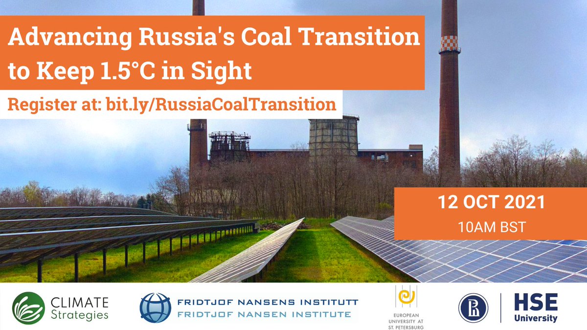 climatestrat's tweet image. How to advance #Russia's #coaltransition to keep the 1.5°C goal in sight? Join this webinar on 12 Oct ▶ bit.ly/RussiaCoalTran…. 
Speakers:
🔹A. Korppoo @FniNansen 
🔹N. Lomagin @EUSP_Russia 
🔹T. Lanshina @ranepa_eng 
🔹@mdhuxham 
🔹@IrKustova @CEPS_thinktank 
#EnergyTransition