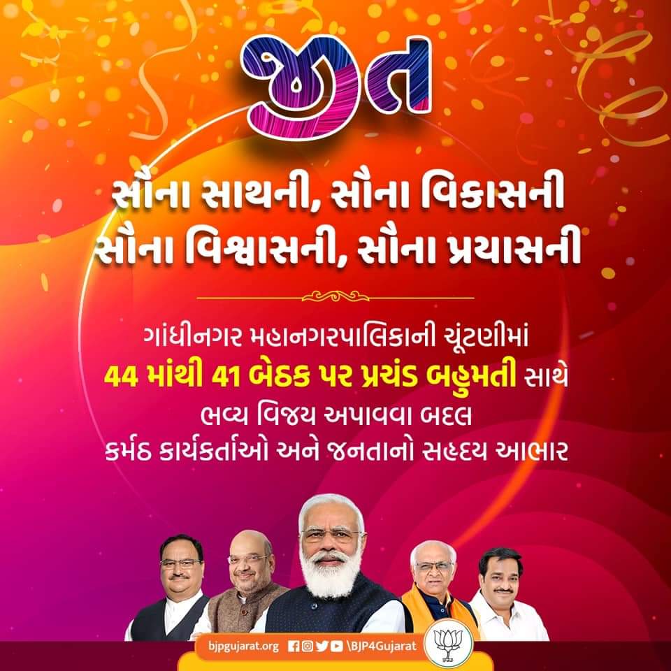 Jignesh17692076's tweet photo. ગાંધીનગર મહાનગરાપાલિકાની ચૂંટણીમાં 44 માંથી 41 બેઠક પર પ્રચંડ બહુમતી સાથે ભવ્ય વિજય અપાવવા બદલ કર્મઠ કાર્યકર્તાઓ અને જનતાનો સહ્દય આભાર.@narendramodi  @AmitShah @CRPaatil @Bhupendrapbjp @pradipsinhbjp @BhargavBhatt9 https://t.co/aYjBXwxK2p