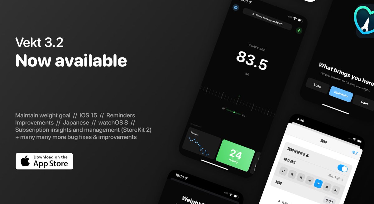 vektapp's tweet photo. Vekt 3.2 just got released with some nice new features and a lot of improvements! Available now in the @AppStore https://t.co/GLKbvMKko9 #iOS15 #WeightTracking #Weight #watchOS8 https://t.co/j2J7XylHkC