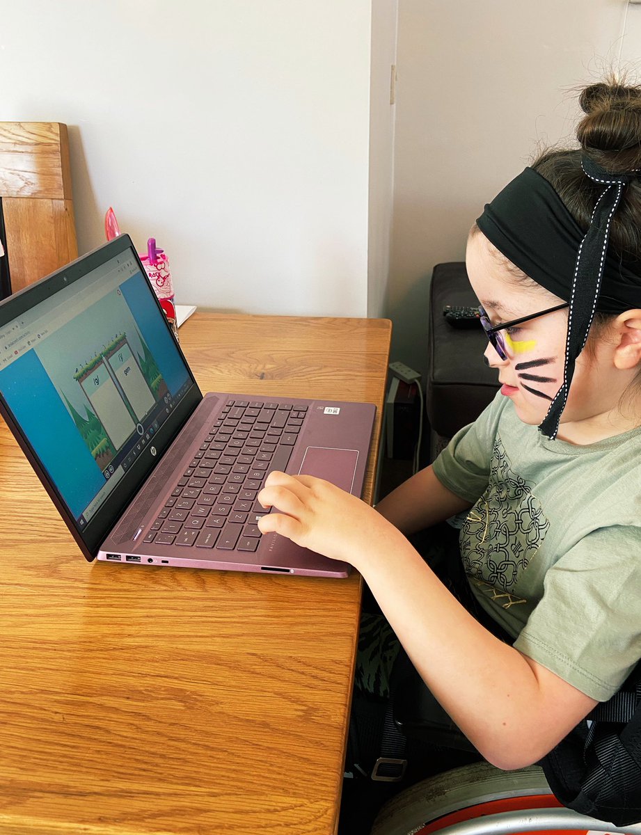 chillibean2018's tweet photo. Little Miss Purrrfect ( Make-up by Mrs B ) Doing her Lexia Core5 English . 🐈‍⬛ #HelpLeonieWalk
Double physio later! 
We are back at Lincoln hospital tomorrow , Leonie’s new full length AFOs are inflaming her Grade 4s heels.😬
Please donate: https://t.co/4prEQKVSri https://t.co/vFghi97K9W