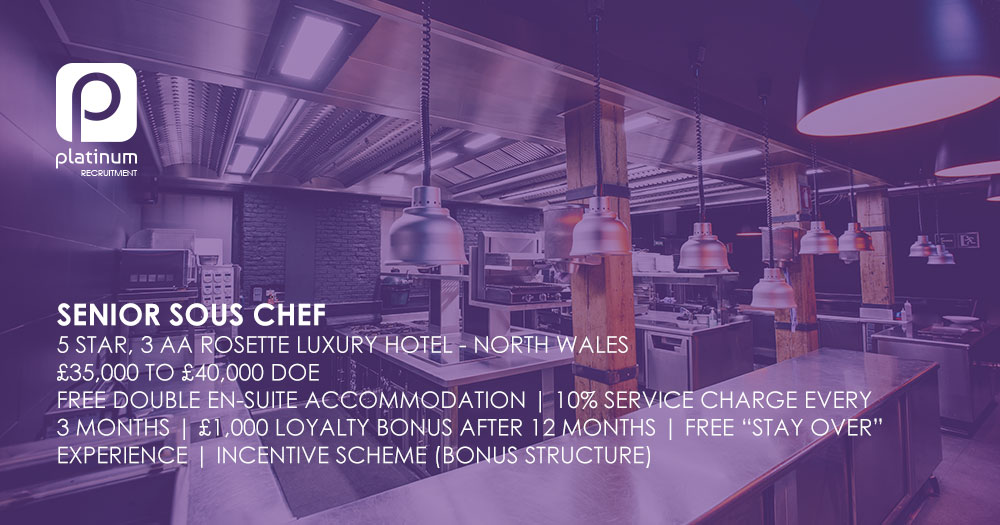 PlatinumRecHQ's tweet image. Senior #SousChef - 5 Star luxury hotel with 3 AA Rosettes, N.Wales.
£35K - £40K/yr, 10% SC, £1K bonus, FREE double En suite accommodation, FREE “Stay Over” experience, Incentive scheme. Click on the link for more information: bit.ly/2ZOctzm