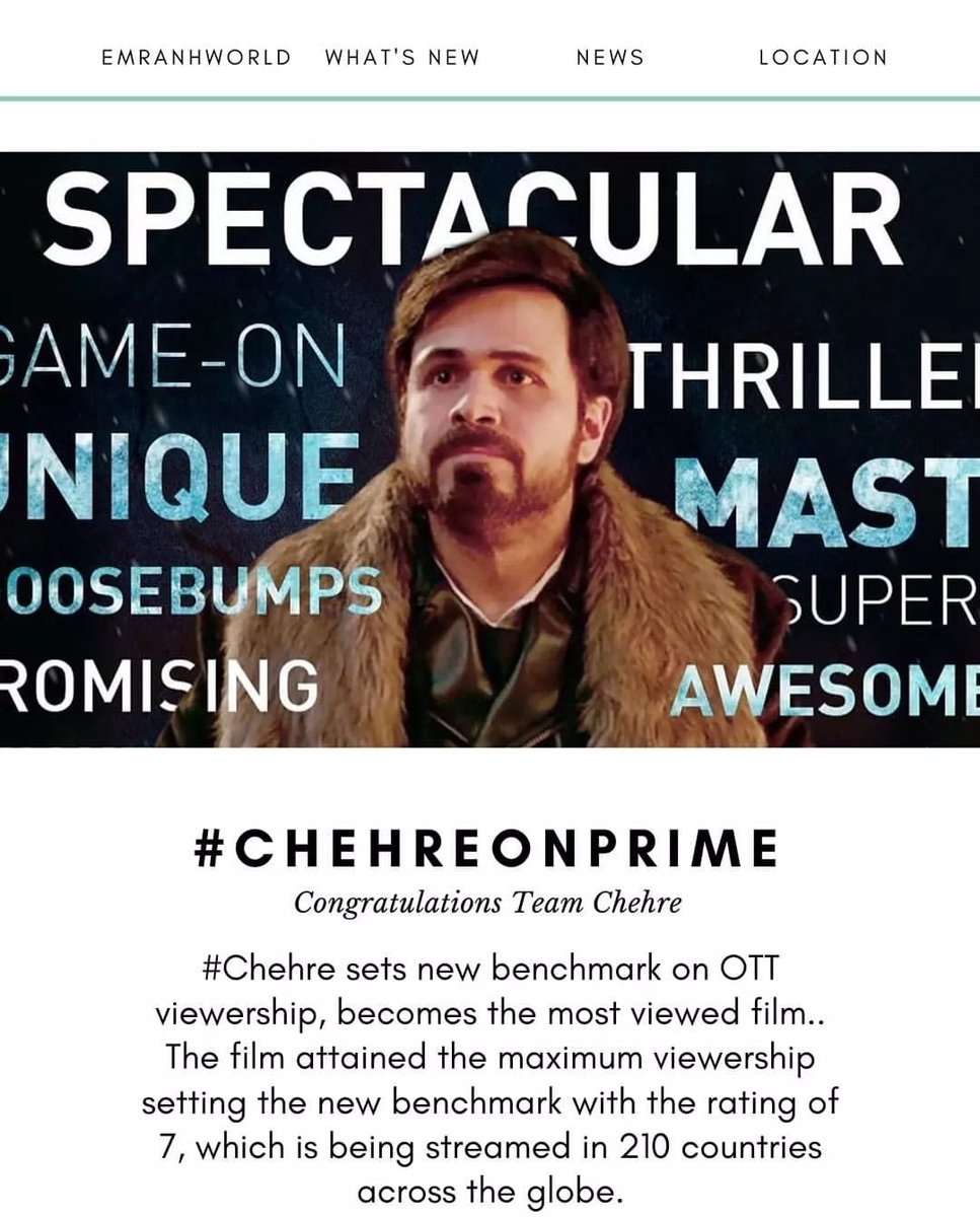 Emraanians's tweet image. #Chehre sets new benchmark on OTT viewership, becomes the most viewed film @emraanhashmi @srbachchan 

The film attained the maximum viewership setting the new benchmark with the rating of 7, which is being streamed in 210 countries across the globe.

bit.ly/3A9z6uv
