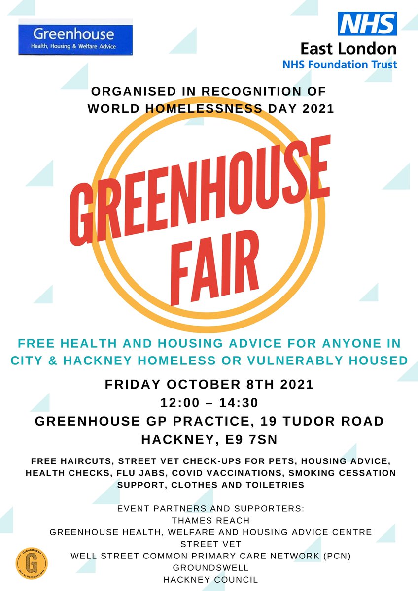 The Greenhouse fair will be available for anyone in City &amp; Hackney who is homeless or vulnerably housed. The event will be held in Hackney at 19 Tudor Road, E9 7SN, Friday 8 October, 12:00- 14:30. For more details visit: bit.ly/3ouE6I9 
<a href="/hackneycouncil/">Hackney Council</a>