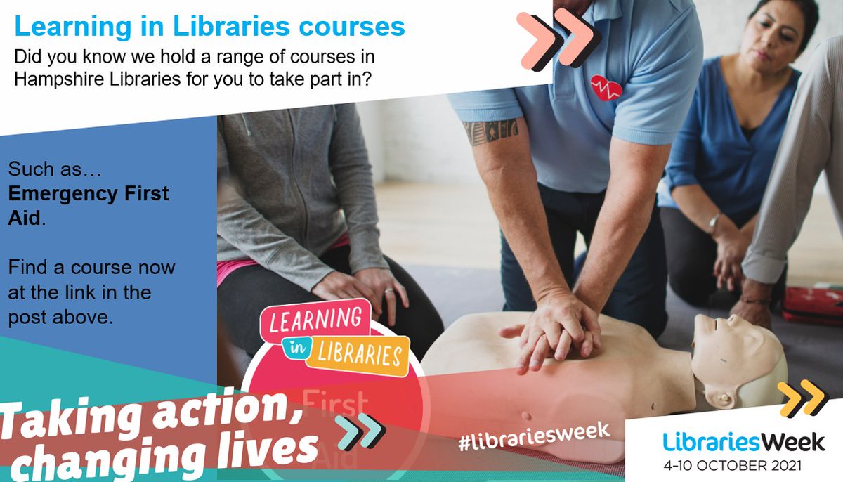 hantslibraries's tweet photo. As part of #LibrariesWeek we want to highlight our courses!
🩺Our Emergency First Aid courses are ideal for people who want to learn skills to confidently undertake first aid if someone becomes ill or injured.
🩹Find a course: https://t.co/unlZTMCOwA.
#LearningInLibraries https://t.co/aVi2z8FdN1