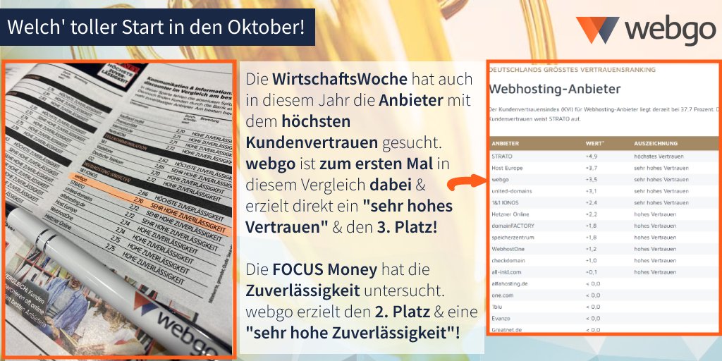 webgo_de's tweet photo. // "Sehr hohes Vertrauen" & "Sehr hohe Zuverlässigkeit" //🥰
Ausgezeichnet von der @wiwo & der #FocusMoney!👏😊
Zusätzlich dazu haben wir bei #Webhosterwissen nach wie vor 🥇 mit der geringsten Ausfallzeit & von #HOSTtest.de das Siegel für 100% #Verfügbarkeit im #September!💯🆙 https://t.co/g5MIJdoZ9A