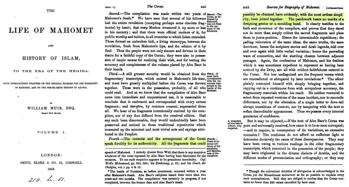 إن محتويات وترتيب وتنظيم القرآن تدل بشكل حتمي وقوي على صحته، إن كل أجزاء القرآن بصحتها وبساطتها مرتبطة مع بعضها، إن هذا الخليط -سور القرآن- لا يحمل دلائل أنه تصميم لشخص عبقري أو من صنع بشر.   

- وليم موير
#اقتباسات_كفار