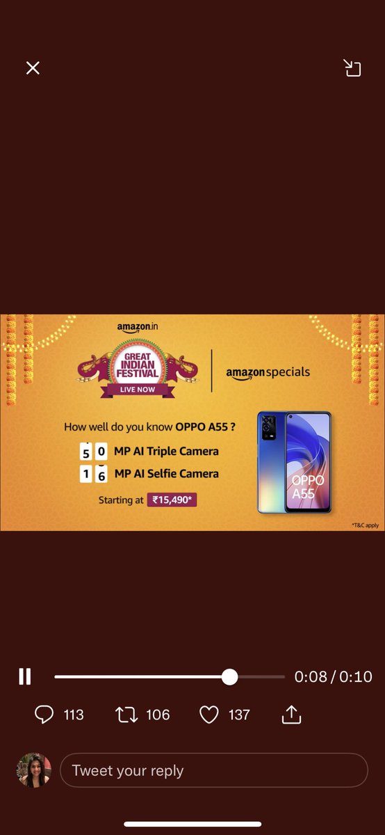JinalBhate's tweet photo. @amazonIN The right spec for #OPPOA55OnAmazon is 50 MP AI Triple Camera with 16 MP AI Selfie Camera . #AmazonGreatIndianFestival https://t.co/0PGvmkb8m1