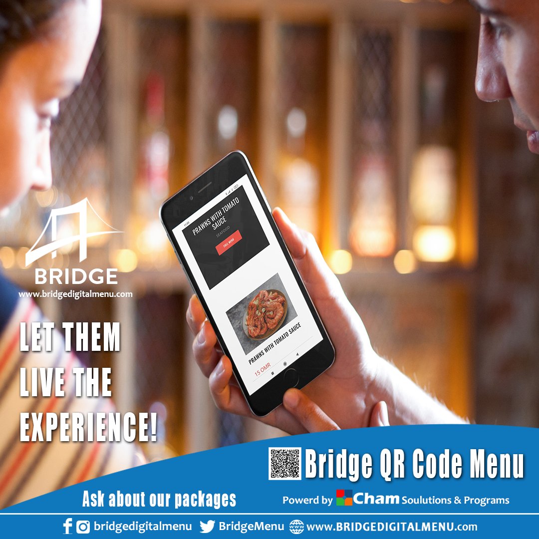 Let your customers live the experience! with Bridge QR Code Menu...
Powered by Cham Solutions &amp; Programs
For more information:
bridgedigitalmenu.com
#omanbusiness #oman_restaurants #muscatfoodies #muscatfoodbloggers #muscat #muscatoman #oman