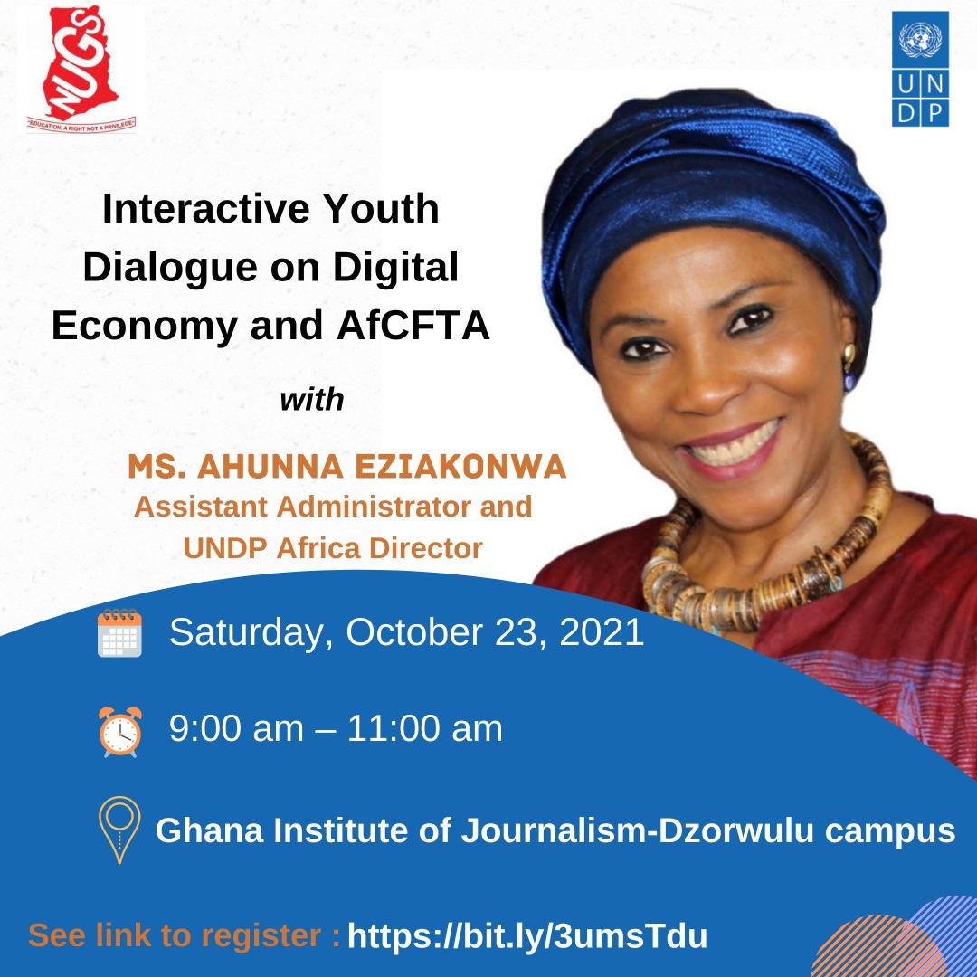 #Youth innovation is critical to the success of #AfCFTA

Join <a href="/UNDPAfrica/">UNDP Africa</a> Director, <a href="/ahunnaeziakonwa/">Ahunna Eziakonwa</a>, for an interactive session with youth on #DigitalEconomy &amp; #AfCFTA  on 23 Oct in 🇬🇭

A scholarship for entrepreneurs will also be launched. 

Register➡️ bit.ly/3umsTdu