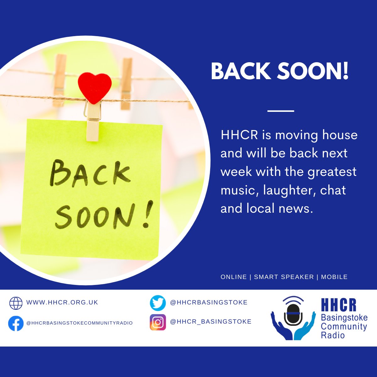 HHCRBasingstoke's tweet photo. No need to panic, we are just moving house and will be back on the air very soon....keep listening in as we will continue to play you great music with our wonderful presenters back on air from next week. https://t.co/wV0Hx4Igth