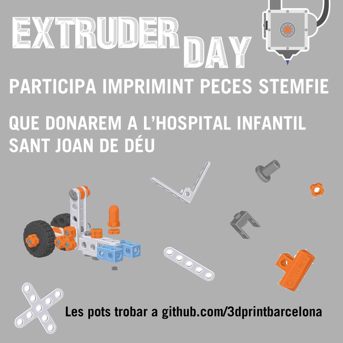Aquesta edició de l'#extruderday2021 imprimirem peces #STEMFIE per donar-les a l'Hospital Sant Joan de Déu 
Ho farem amb el filament donat per:
Printalot.es
<a href="/elTucanBCN/">elTucan</a> 
<a href="/3DCPI/">3DCPI Prodysol</a> 
Winkle winkle.shop

Pots descarregar les peces del nostre GitHub