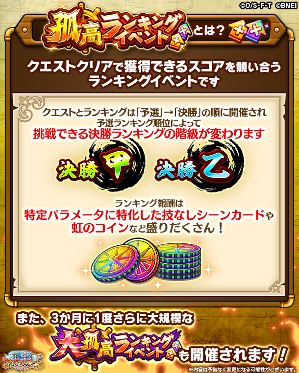 ট ইট র One Piece サウザンドストーム 孤高ランキングイベント クエストクリアで獲得できるスコアを競い合うランキングイベント で 戦績によって決勝が 甲 乙 に分かれ それぞれでランキング報酬が異なります 3か月に1度大規模な 大孤高ランキング ট ইট র One Piece サウザンドストーム 孤高ランキングイベント クエストクリアで獲得できるスコアを競い合うランキングイベント で 戦績によって決勝が 甲 乙 に分かれ それぞれでランキング報酬が異なります 3か月に1度大規模な 大孤高ランキング